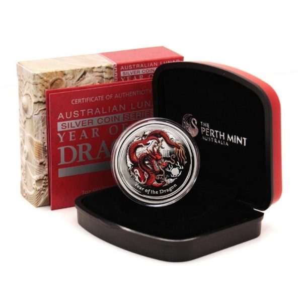 Australia-Year of the Dragon-1 oz-2012 -Proof Colored Silver Crown-Perth Mint Case & COA