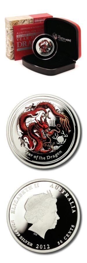 Australia-Year of the Dragon-1/2 oz-2012 -Proof Colored Silver Coin-Perth Mint Case/COA