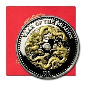 Fiji - Year of the Dragon - Embedded Pearl - $10 - 2012  - 1 oz Gilded Proof Silver Crown - COA