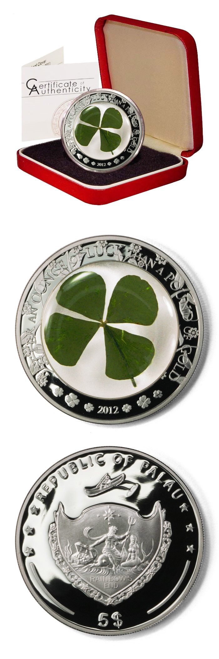 1oz Silver Coin 'Ounce of Luck' Series 4-LEAF CLOVER with COA 2012 Palau $5 
