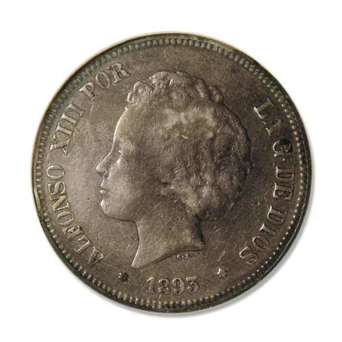 Spain 1893 Alfonso XIII 5 Pesetas Extra Fine 40 - Image 2