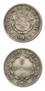 Costa Rica 5 Centimos Overstruck on 2c 1942  XF KM 178