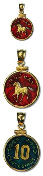 Uruguay Enameled Jewelry Coin Pendant Horse 10 Centesimos 1981 with Bezel