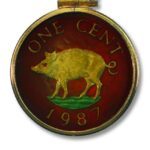 Bermuda Enameled Jewelry Coin Pendant Wild Boar 1¢ 1987 with Bezel