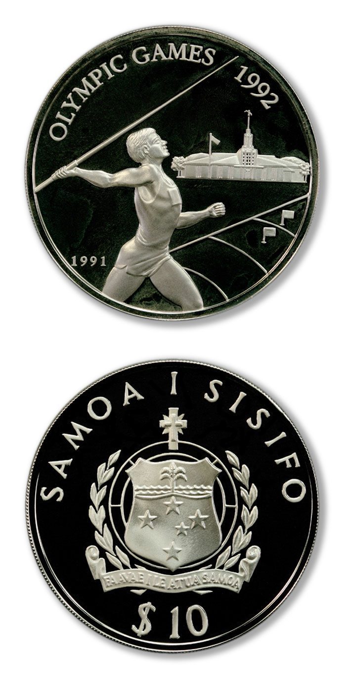 1991_wsm_07253 Samoa Barcelona Olympics Javelin 1991 10 Dollars Proof Silver Crown - Image 1