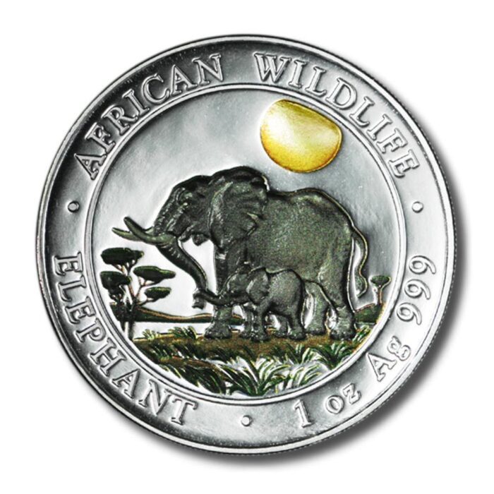 2011_som_11652_1 Somalia Elephant & Calf at Dawn 100 Sh. 2011 Colored Proof Silver Crown 1 oz .999 Fine - Image 1