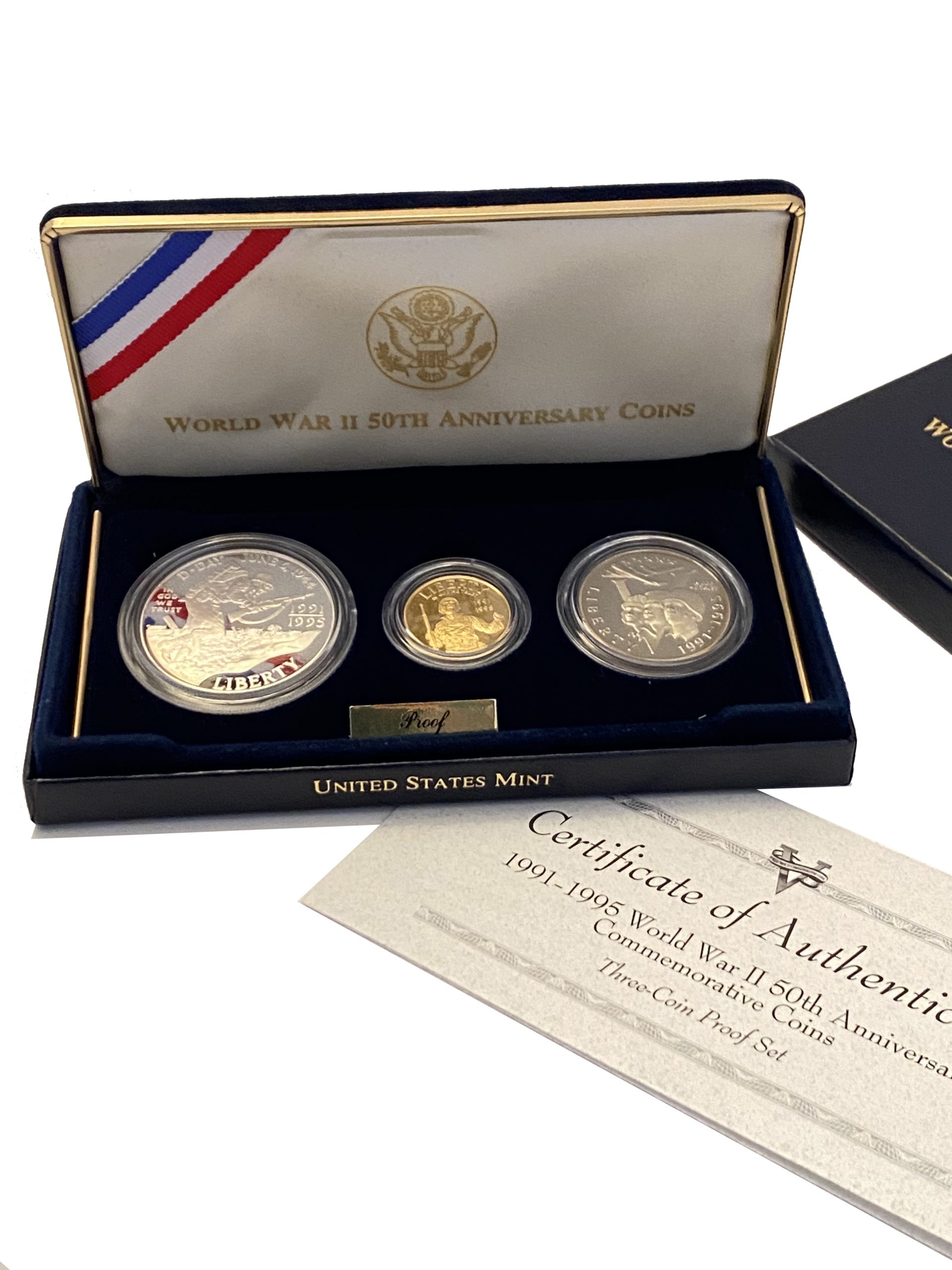 U.S. Mint World War II 50TH Anniversary 3 Coin Set Gold and Silver