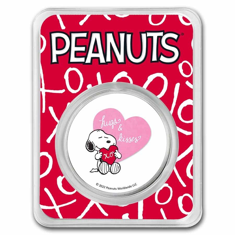 1oz Peanuts Charlie Brown Snoopy Valentines .999 colourised SILVER TEP #1 