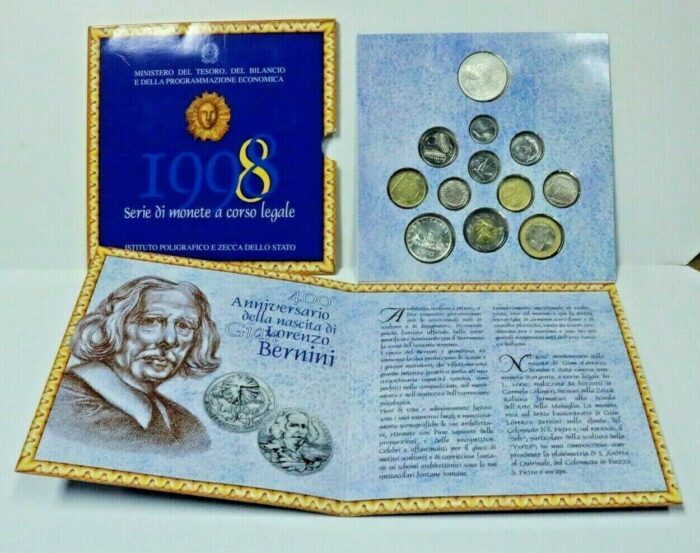1998 Italian Uncirculated Mint Set w/Bernini 1000 Lire & Presentation Folder Main Image 1998 Italian Uncirculated Mint Set w/Bernini 1000 Lire & Presentation Folder - Image 1